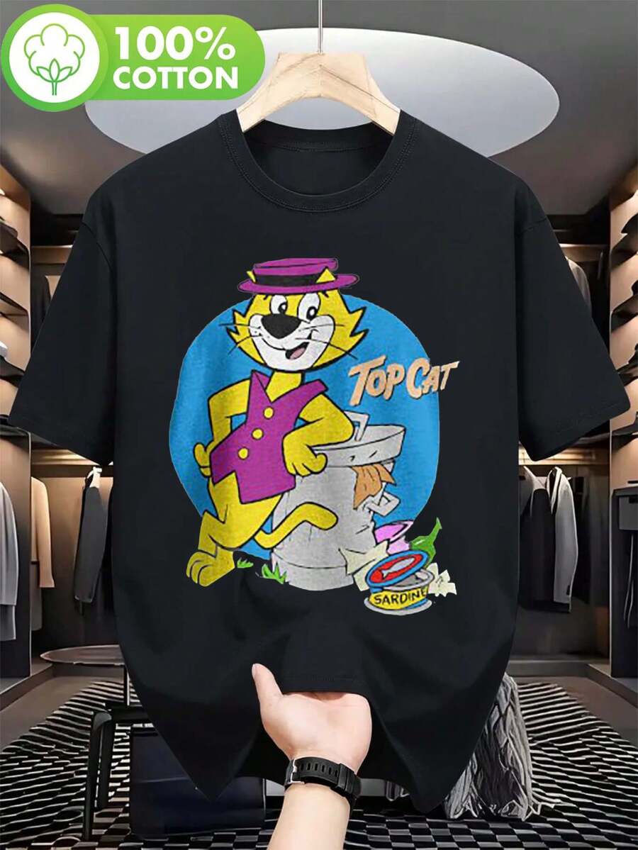 Men's Retro T-Shirt With Cat Comedy Movie Print - 100% Soft, Comfortable Short Sleeve Summer Casual Wear - Vintage Style From The 70s, 80s And 90s With Cartoon Print - 黑色 - 查看 1