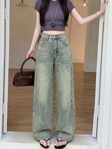 Women's Solid Color Mid-Waist Straight Leg Loose Casual Flared Jeans With Tassel - Blue - View 3