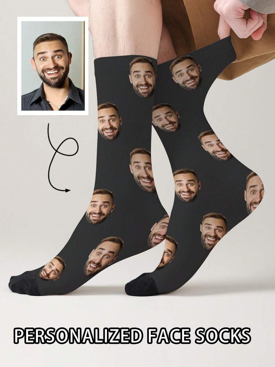 1 Pair Customized Face Pattern Socks, Customizable Photo Socks, Personalized Printed Socks, Funny Face Socks, Custom Pattern Socks, Print Any Face Pattern On Socks, Anniversary Gift, Valentine's Day Gift, Unique Birthday Gift, Customized Collectible Gift - Multicolor - View 1