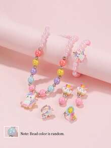 5pcs/Set Kids Cartoon Unicorn Pendant Necklace Bracelet Ring Ear Clips Cute Jewelry Accessories Suitable For Daily Wear Party Gift - one-size - View 5