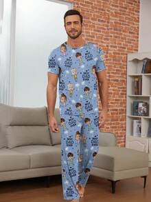 Printstory Custom Men's Short-Sleeve Pajama Set, Can Print Any Design, Personalized Gift, Perfect For Family, Friends, And Holiday Gatherings - Blue - View 3