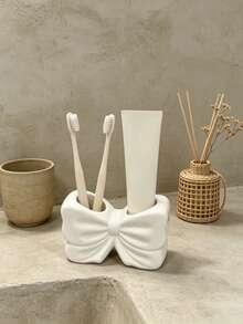 1pc Dual Slot White & Pink Cute Bow Toothbrush & Toothpaste Holder Makeup Brush Organizer Bathroom Countertop Vanity Accessory Aesthetic INS Style Home Decor Bathroom Dorm Apartment Essentials - Multicolor - View 4