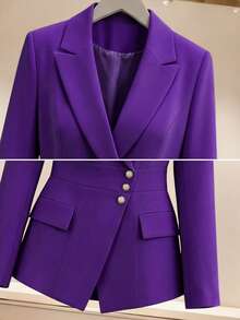 Women's Autumn/Winter Office Daily Solid Color Lined Double-Breasted Asymmetric Placket 3-Button Design Slim Fit Long Sleeve Blazer & Straight Leg Pants Set - Purple - View 6