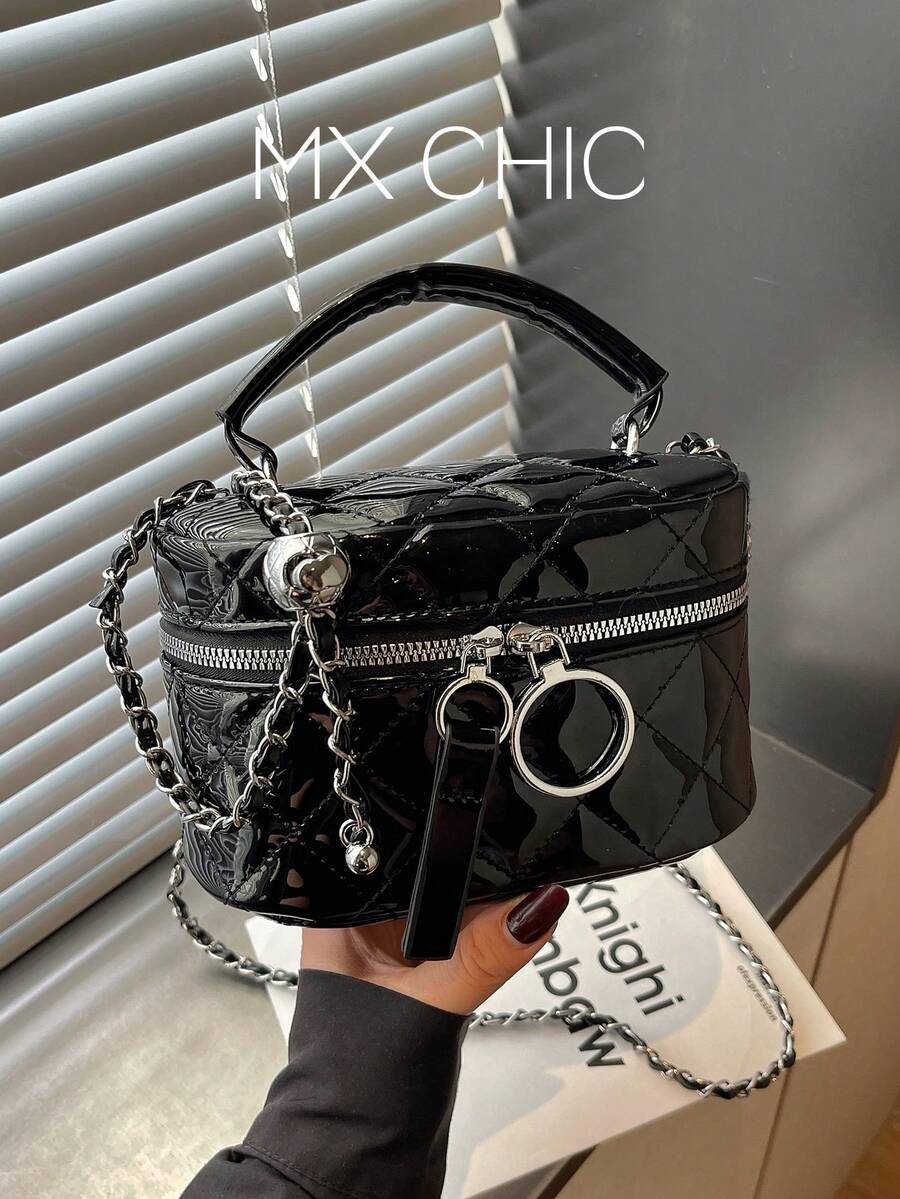 1件迷你女款時尚純色刺繡菱格斜挎包,適合放置卡片夾與鑰匙 - 黑色 - 查看 1