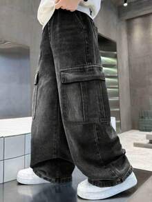 Young Boy Casual Versatile Daily Travel Denim Cargo Pants With Pockets - Black - View 1
