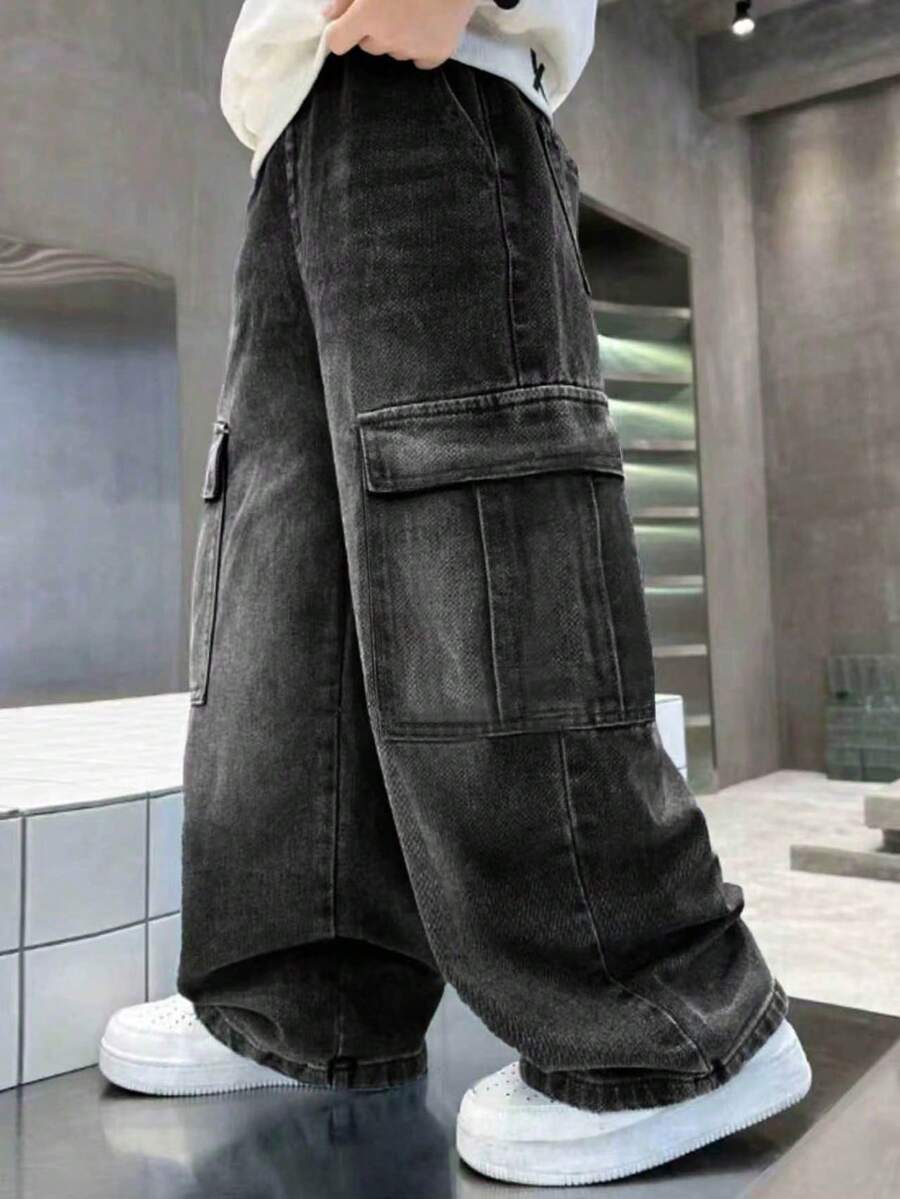 Young Boy Casual Versatile Daily Travel Denim Cargo Pants With Pockets - Black - View 1
