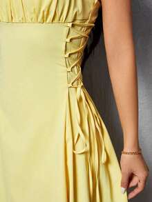 Solid Color Strappy Dress With Ruched Bodice And Side Drawstring - Yellow - View 5
