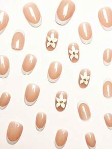 Change Your Nails With It 24片/組 極簡清新 3D白色花朵法式優雅甜美風 中長橢圓形穿戴甲，含果凍膠與指甲锉，適合女孩與女性日常佩戴、辦公、派對、開學美甲 - 彩色 - 查看 3