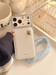 Minimalist Gentle Blue Plaid 3D Bear Phone Case Compatible With Apple 17 Pro Max, 15, 16 Pro, 13, 15 Pro, 17, 14, Full Coverage, Anti-Drop, Women's - Beige - View 4