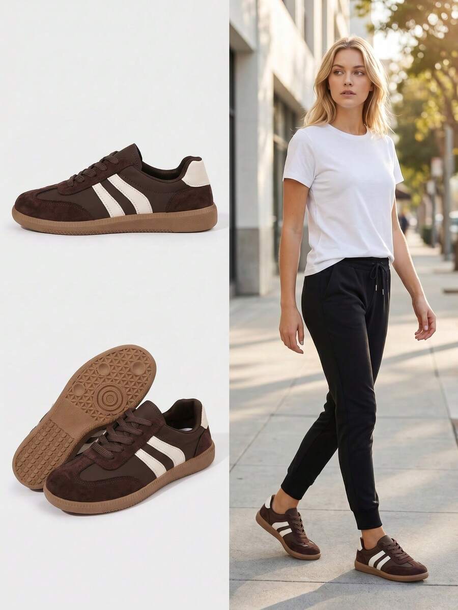 Women's Dark Brown Faux Suede Vintage Lace-Up Sneakers, Casual Low-Top Flat Sneakers, Rubber Sole, Anti-Slip Comfortable Walking Shoes, Streetwear, Autumn/Winter - Brown - View 1