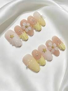 10pcs Handmade Press-On Fake Nails, Nail Artist Crafted With Yellow French Beach Shell & Starfish 3D Carved Pearl Design, Brightening Summer Floral Nail Art, Perfect For Girls And Women's Daily Wear, Parties And Festivals - Yellow - View 4