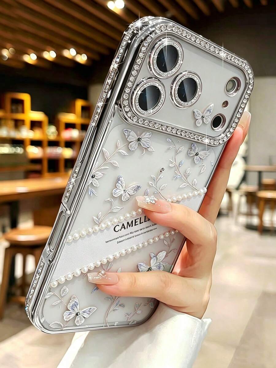Luxury Electroplated Silver Butterfly Pearl Fully Rhinestone Studded Phone Case Compatible With IPhone 18 Pro Max/18 Pro/18/17 Pro Max/17 Pro/17/16 Pro Max/16/16 Pro/16 Plus/15/15 Pro Max/15 Pro/15 Plus/11/12/13/14 Pro Max/12 Pro/12 Pro Max/13 Pro/13 Pro Max/14 Pro/14 Pro Max/14 Plus/12 Mini/13 Mini Full Coverage Anti-Drop Soft Protective Cover, Ins Style High-End Aesthetic