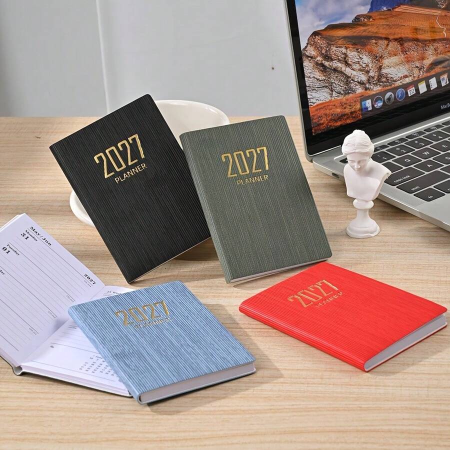 A7 Size 2027 English Planner, 64 Sheets 128 Pages Slim Weekly Calendar Notebook, 365 Days Daily Planner, A7 Mini Portable Pocket Diary, PU Leather Cover Small Notebook - A - View 1