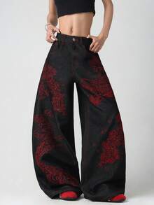 1pc Women's Retro American Street Style Red Embroidered Black Loose Wide-Leg Jeans, Versatile Denim Pants (Belt/Accessories Not Included) Casual Fall - Black - View 8