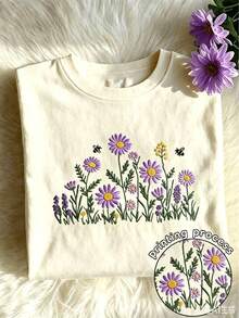 Y2K Style, Fashion Style, Newest 2026, Cute Style, Casual Style, Women's Blouses > Clothing. Sunflower Embroidery Design, Vibrant Floral Print Spring And Summer Set For Women, Casual Round Neck Short Sleeve T-Shirt For Women 180g (S-XXXL) - 杏 - 查看 1
