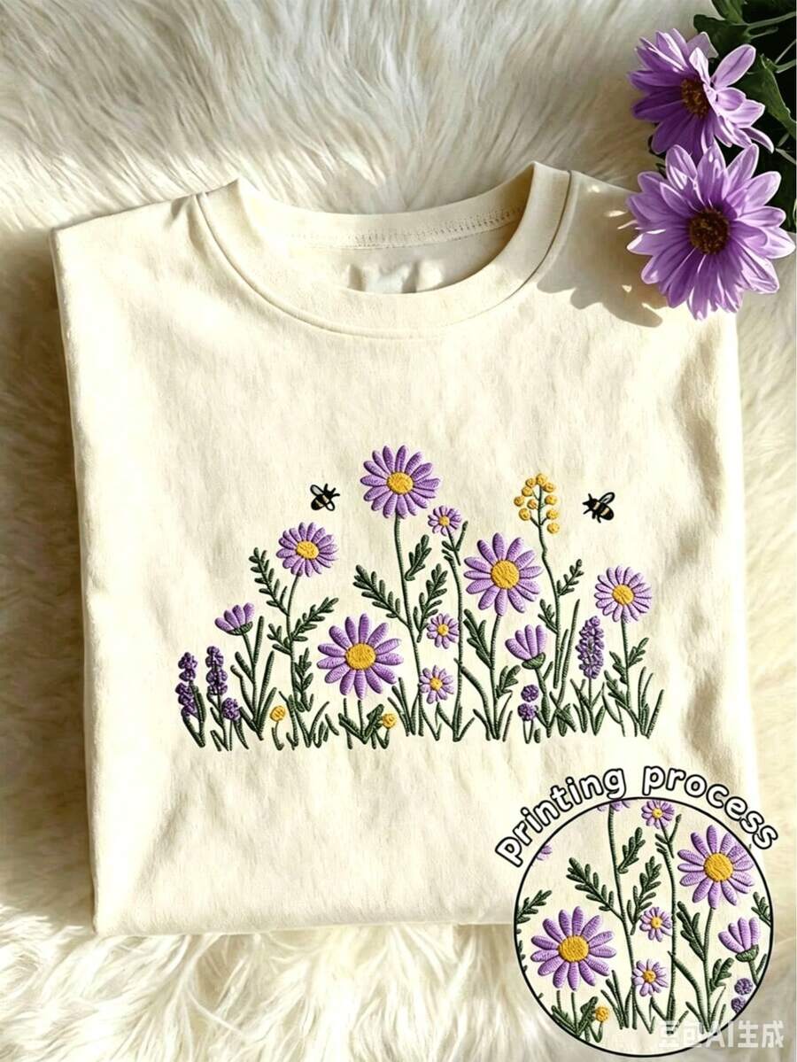 Y2K Style, Fashion Style, Newest 2026, Cute Style, Casual Style, Women's Blouses > Clothing. Sunflower Embroidery Design, Vibrant Floral Print Spring And Summer Set For Women, Casual Round Neck Short Sleeve T-Shirt For Women 180g (S-XXXL) - 杏 - 查看 1