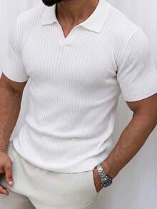 Super Hot New Men's Casual Short Sleeve Polo Shirt, Turn-Down Collar, Small Ribbed Knit Pullover Sweater Top - White - View 5