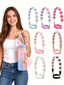 1pc Floral Water Bottle Handle Strap, Adjustable Universal Cup Holder, Cup Accessory, Water Bottle Lanyard, Water Bottle Decoration, Vibrant Floral Shaped Portable Straw Strap, Suitable For 20 To 40 Oz Sports Cups, Suitable For Fitness, Camping And Outdoor Activities - Flower Handle - View 3