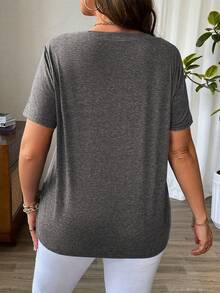 Plus Size - Plus Size - Casual Solid Color Crossover V-Neck Short Sleeve T-Shirt For Summer - Dark Grey - View 2