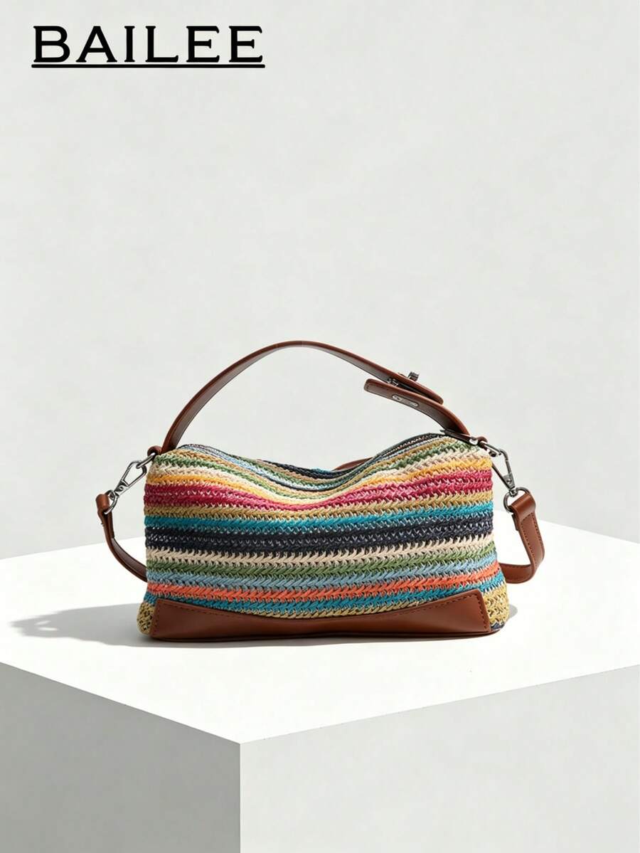 BAILEE Leisure Travel Woven Color-Blocked Shoulder Bag With PU Handle And Weaving Design. Perfect For Beachwear And Gift-Giving.