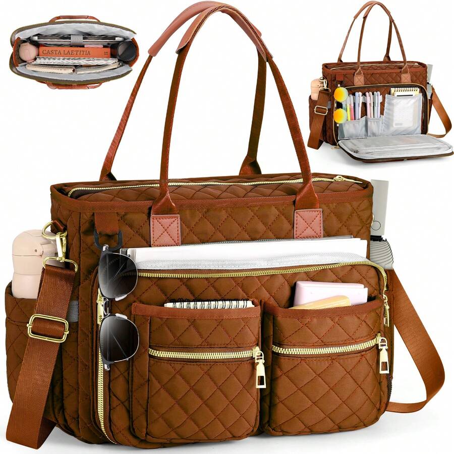 Laptop Tote Bag For Women Teacher Tote Bag 15.6 Inch Work Bags Tote Nurse Bag Computer Messenger Bag, Laptop Briefcase For Office, School, Travel - 棕色 - 查看 1