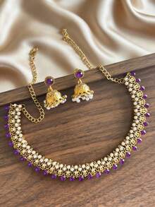 Bộ 3 mặt dây chuyền ngọc trai giả thanh lịch, trang sức pha lê nhiều màu sắc sang trọng theo phong cách Bollywood, phù hợp cho phụ nữ dự tiệc và cưới. - mặt dây chuyền - Xem 10