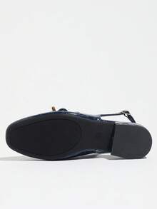 Women's Round Toe Bow Slingback Flat Shoes, Low Chunky Heel, Comfortable Navy Blue Backless Pumps For Commuting, Holidays And Vacations, Loafers - Navy Blue - View 7