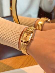 1 pieza Reloj de pulsera con esfera cuadrada para mujer, de moda para uso diario, correa de acero inoxidable, estilo elegante de negocios y glamoroso, regalo para vacaciones, fiesta, aniversario para ella o para ti misma - Dorado - Ver 4