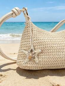 1pc Bohemian Style Handmade Silk Shell Rhinestone Ocean Starfish, Turtle, Whale, Conch Shell Rhinestone Broken Shell Bag Charm, Suitable For Vacation Style Straw Bag, Tote Bag Decoration - Beige - View 2