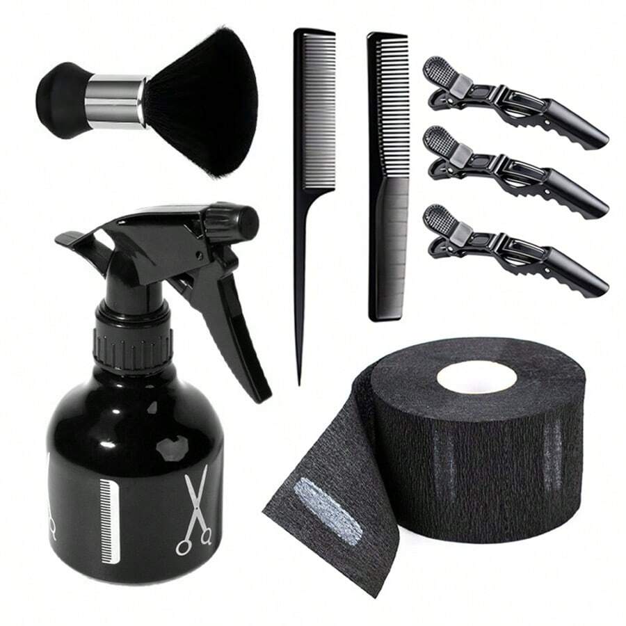 Set Alat Salon Rambut Profesional, Termasuk Botol Semprot, Sisir Leher, Sisir Ekor, Jepit Rambut, dan Penutup Leher Sekali Pakai - Set Aksesori Penataan Rambut Multifungsi yang Cocok untuk Memotong dan Mewarnai Rambut - Hitam - View 1