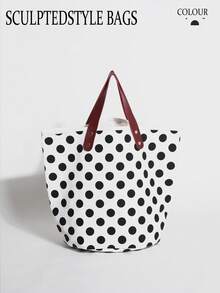 Bolsa Tote de Lona com Blocos de Cor Preto e Branco e Poá, Grande Capacidade, Estilo Praia e Férias (Posição dos Poás Distribuída Aleatoriamente) - Branco - Visão 1