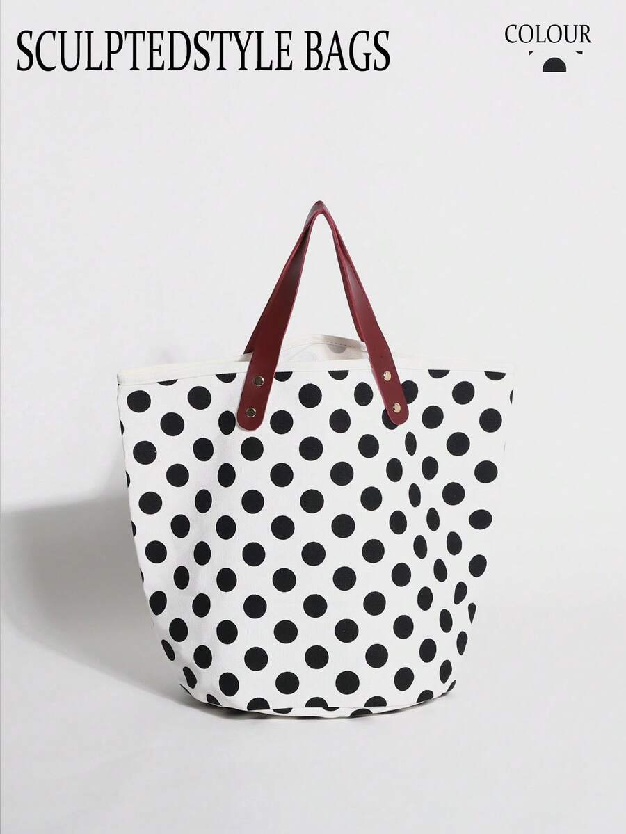 Bolsa Tote de Lona com Blocos de Cor Preto e Branco e Poá, Grande Capacidade, Estilo Praia e Férias (Posição dos Poás Distribuída Aleatoriamente) - Branco - Visão 1
