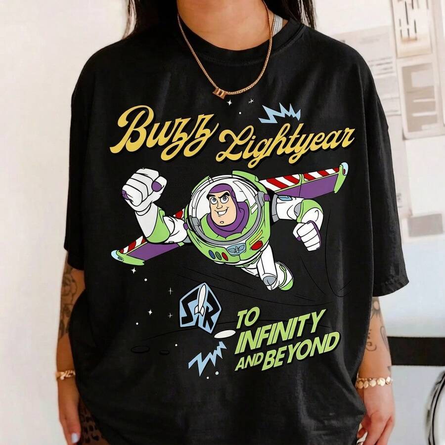 Disney Buzz Lightyear Graphic Tee Toy Story Classic Space Quote Cosmic Star Decor Oversized Crew Neck Vacation Short Sleeve - Black - View 1