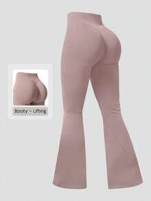 NcmRyu 1 pieza Pantalones deportivos de cintura alta, unicolor, sin costuras, minimalistas, con elástico y efecto levantador de glúteos, de campana, color negro, para primavera - Gris Claro - Ver 1