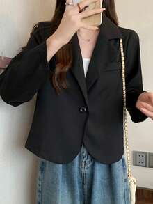 Women's Black Casual Long Sleeve Blazer, Elegant Single-Button Short Suit Jacket Fall - Black - View 5