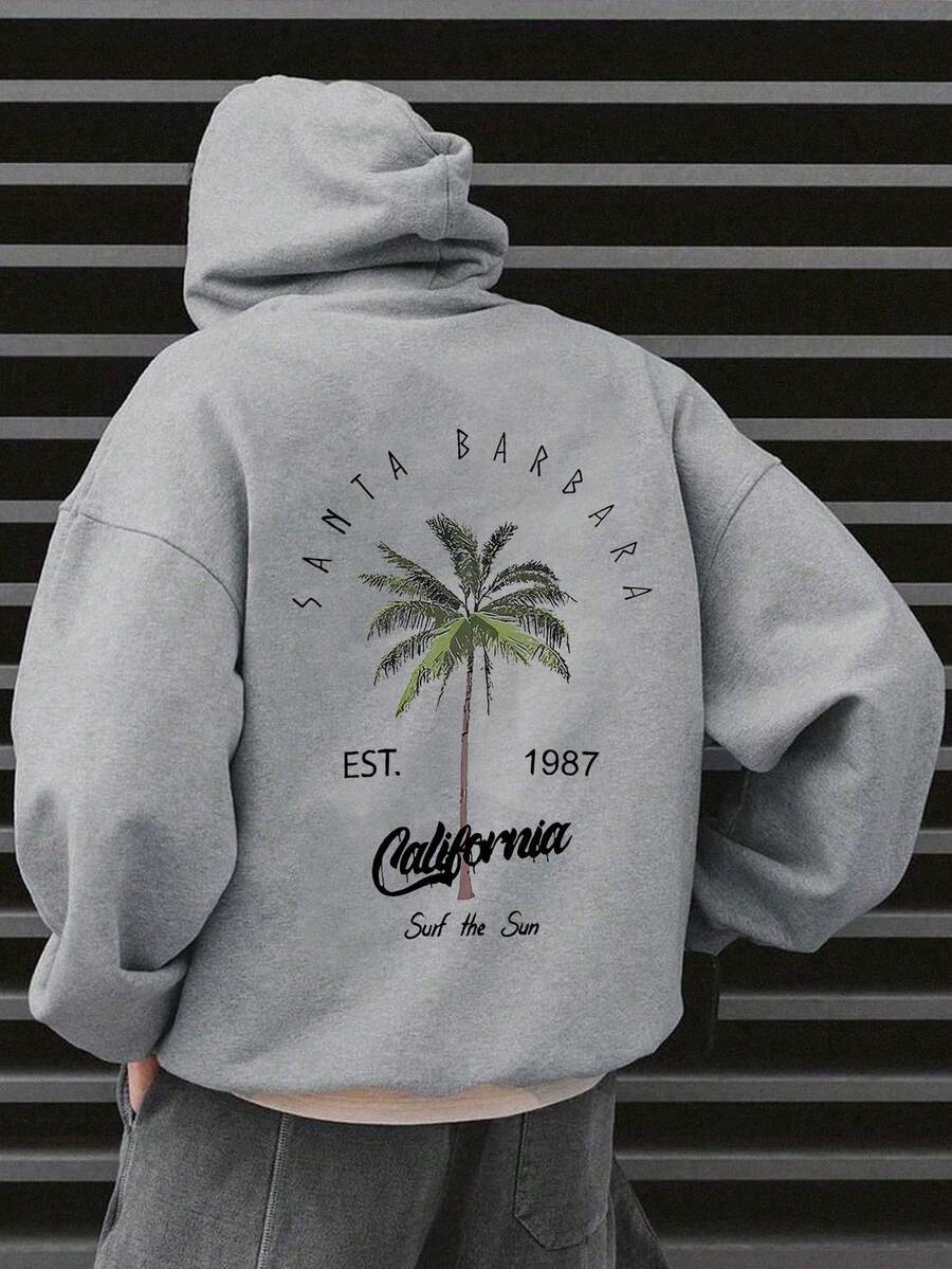 Sudadera con Capucha y Cordón Ajustable para Hombre, Estilo Casual Urbano, Estampado de Cocotero, Nueva Moda 2026, Regreso a Clases, Otoño/Invierno, Manga Larga - Gris - Ver 1