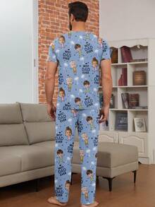 Printstory Custom Men's Short-Sleeve Pajama Set, Can Print Any Design, Personalized Gift, Perfect For Family, Friends, And Holiday Gatherings - Blue - View 2