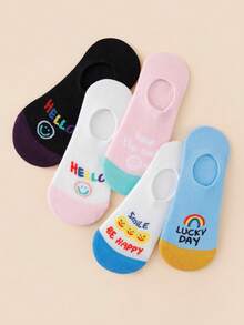 5 Pairs Random Color Women's Cute Cartoon Smiling Face Pattern Low-Cut Invisible Boat Socks - Multicolor - View 3