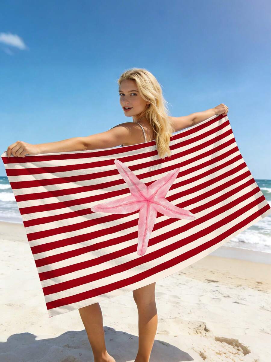 1pc Red Striped Beach Towel, Minimalist Striped Starfish Print Large Beach Towel, Ultra-Fine Fiber Quick-Dry Absorbent Sand-Resistant Beach Towel, Towel, Suitable For Travel, Swimming Pool, Diving, Surfing, Yoga, Camping, Beach Party And Party Decoration Beach Towel, Essential For Summer Beach Travel, Vacation Bathroom Decoration Water Party Multi-Functional Beach Towel - Bright Red Stripes - View 1