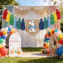 1 Peça Decoração de Festa de 1st Aniversário Arco-Íris, Faixa de Cadeira Alta de 1st Aniversário, Faixa de Cadeira Alta com Borlas Coloridas, Faixa de Primeiro Aniversário, Faixa de Bottom para Foto, Faixa de Cadeira Alta de Aniversário com Tule e Borlas com Contas de Madeira, Faixa de Borlas Coloridas - 1 conjunto de banner colorido azul para aniversário de 1 ano - Visão 8