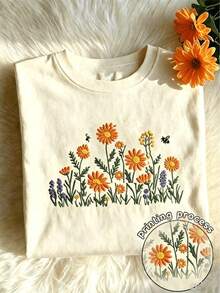 Y2K Style, Fashion Style, Newest 2026, Cute Style, Casual Style, Women's Blouses > Clothing. Sunflower Embroidery Design, Vibrant Floral Print Spring And Summer Set For Women, Casual Round Neck Short Sleeve T-Shirt For Women 180g (S-XXXL) - 杏子 2 - 查看 1