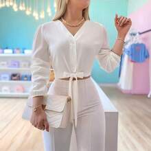 Blusa elegante y versátil con nudo delantero de unicolor, para uso casual diario, en el hogar, para ir al trabajo y en citas, primavera - Blanco - Ver 1