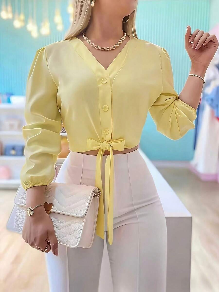 Elegant And Versatile Blouse With A Solid-Color Front Knot, Perfect For Everyday Casual Wear, At Home, For Work And Dates, Spring - Yellow - View 1