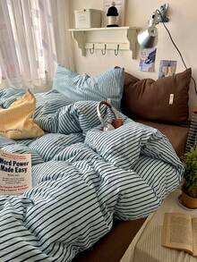 4件組條紋被套組，條紋拼色印花，柔軟舒適臥室床上用品，透氣柔軟四季通用床上用品套裝，包含1件被套、1件床單、2件枕套，不含填充物，適用於臥室、公寓居家使用，多種尺寸可選 - 淺藍色 - 查看 7
