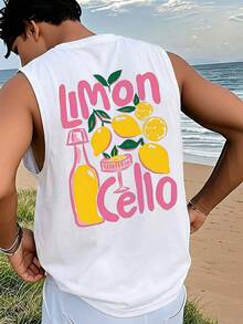 1pc Men's Summer Casual Lemon Print Round Neck Tank Top - White - View 3