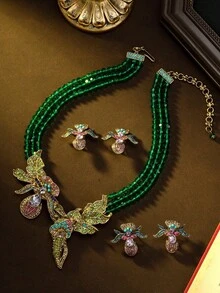 Vintage-Style 3D Fly & Flower Design Elegant Luxury Niche Exquisite High-End Fashion Jewelry Necklace And Ear Studs/Ear Clips, Made Of Alloy And Gemstone Accents, Suitable For Banquets, Parties, Vacations, Travel, Vintage-Themed Gatherings, And Daily Commute, Premium Gift For Girlfriend Or Best Friend - Multicolor - View 1