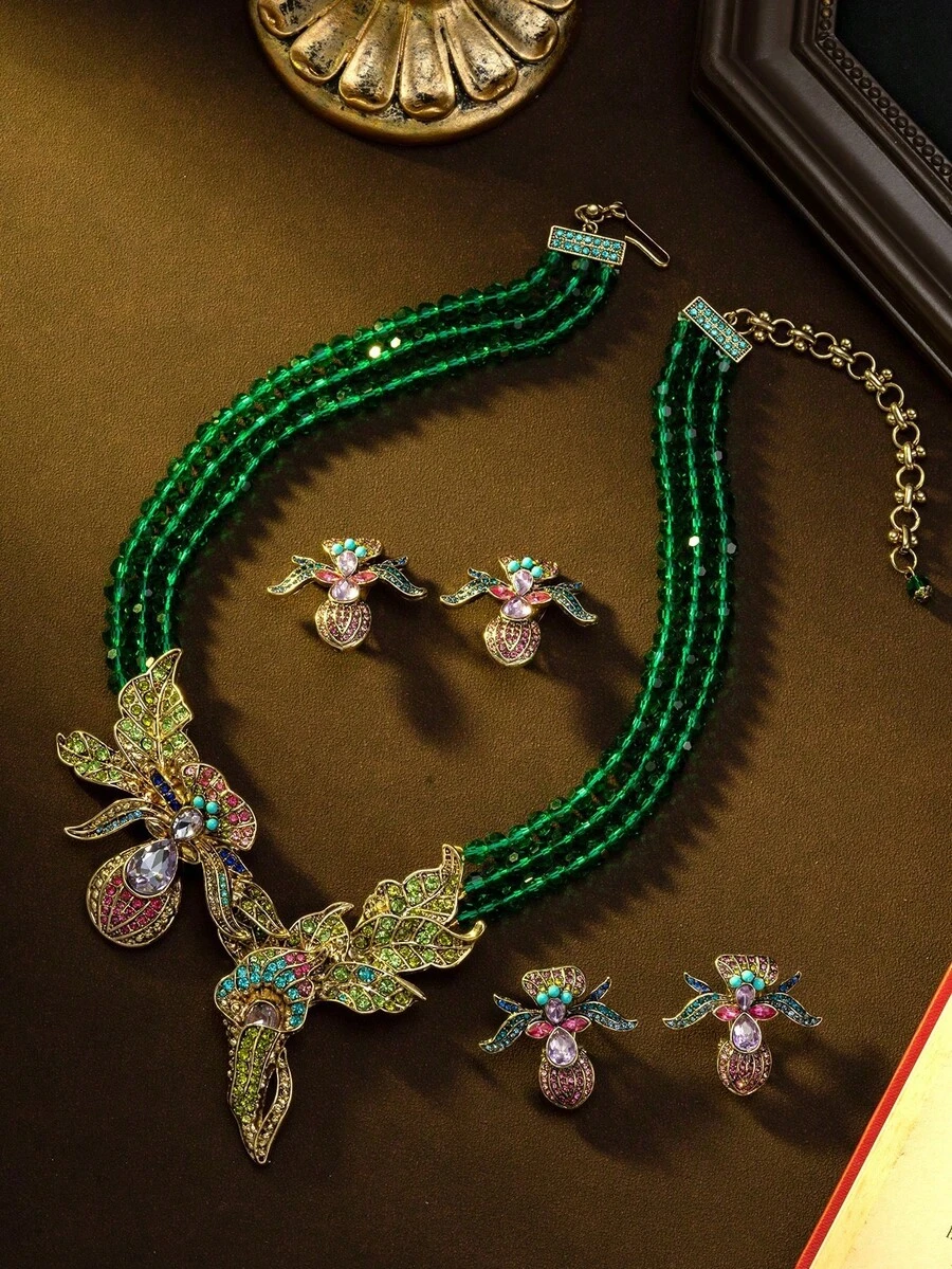 Vintage-Style 3D Fly & Flower Design Elegant Luxury Niche Exquisite High-End Fashion Jewelry Necklace And Ear Studs/Ear Clips, Made Of Alloy And Gemstone Accents, Suitable For Banquets, Parties, Vacations, Travel, Vintage-Themed Gatherings, And Daily Commute, Premium Gift For Girlfriend Or Best Friend - Multicolor - View 1