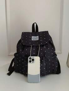1 pieza Mochila con solapa y cordón con patrón de estrella/lazo, mochila de gran capacidad para uso diario, mochila ligera para el campus, accesorio de moda, adecuada para niñas/adolescentes/estudiantes, aplicable para escuela, trabajo, uso diario, viajes - Multicolor - Ver 5