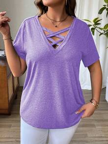 Talla Grande - Talla Grande - Camiseta Casual de Color Sólido con Cuello en V Cruzado y Mangas Cortas para Verano - Morado - Ver 5