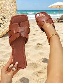 New Round Toe H-Shaped Cross Strap Decor Flat Slide Sandals, Casual Vacation Style, Daily Commute, Black, White, Brown - Brown - View 5